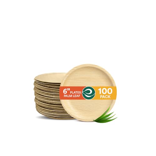 ECO SOUL Compostable Palm Leaf Plates - Biodegradable, Safe for Food, 100 Count, 6" Round