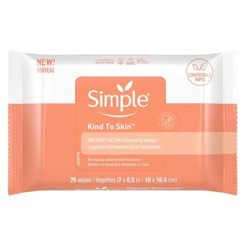 Simple Instant Glow Facial Cleansing Wipes - Brightens Skin, Compostable & Cruelty-Free - 25 Count