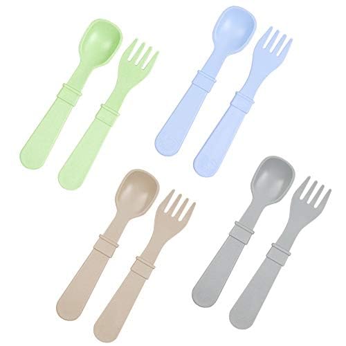 Re-Play Toddler Forks and Spoons - Ergonomic, Durable, Made from Recycled Materials - Meadow, 8 Pack