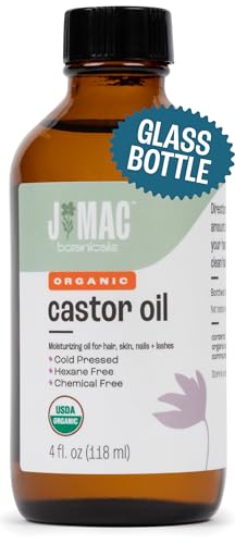 J MAC BOTANICALS Organic Castor Oil - Moisturizes Skin & Hair, Hexane-Free, 4oz Glass Bottle