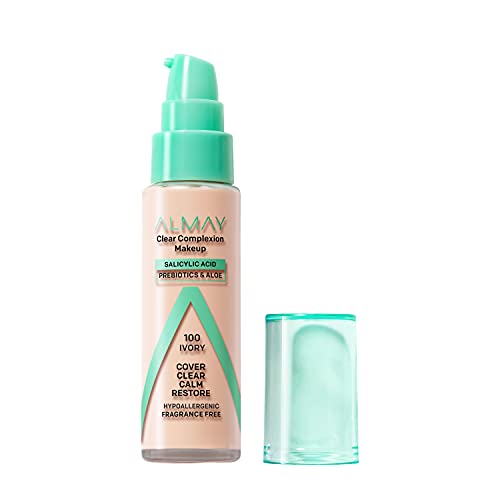 Almay Clear Complexion Foundation - Treats Acne, Hydrating Aloe, Hypoallergenic - 100 Ivory, 1 fl oz