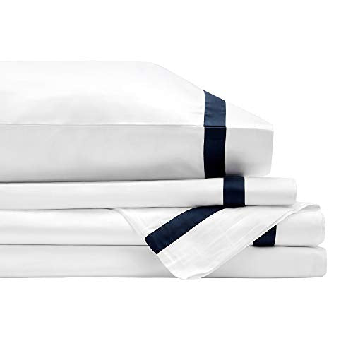 BIOWEAVES 100% Organic Cotton Bed Sheet Set - Soft Sateen, GOTS Certified - Twin, White & Navy