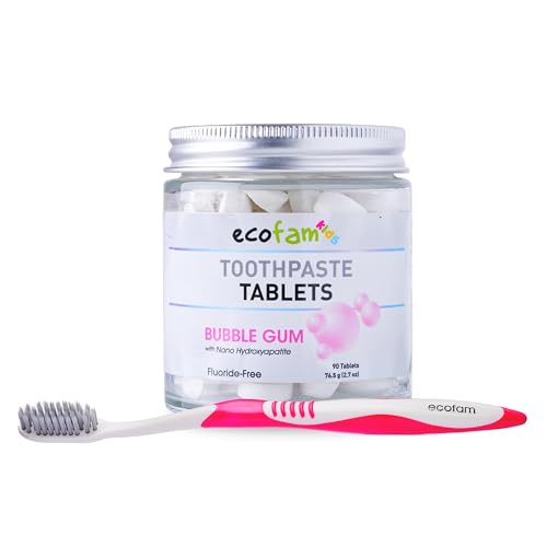 Ecofam Toothpaste Tablets - Fluoride-Free, Natural Whitening, Reusable Glass Jar - 90 Count