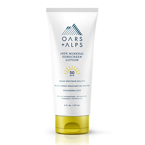 Oars + Alps Mineral Sunscreen SPF 50 - Hydrating with Hyaluronic Acid, Water Resistant - 6 Fl Oz