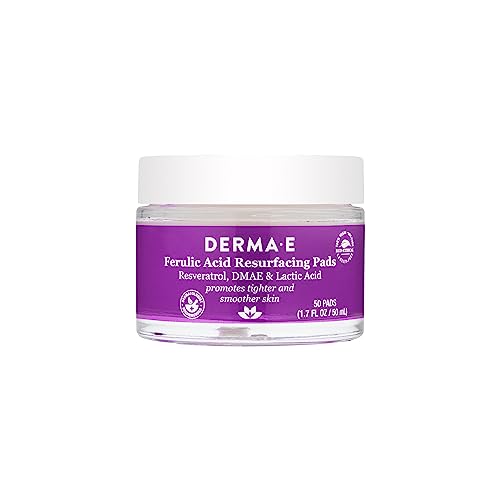 DERMA E Facial Cleansing Pads - Ferulic & Lactic Acid Exfoliation, 100% Vegan - 50 Pads