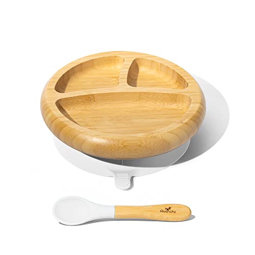 Avanchy Divided Bamboo Baby Plates with Suction & Silicone Spoon - Supports Self-Feeding,  White