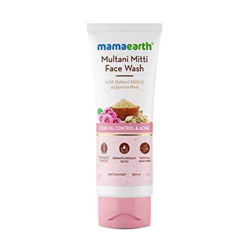 MAMAEARTH Multani Mitti Face Wash - Gentle Acne & Oil Control, Hydrating Bulgarian Rose - 3.38 Fl Oz