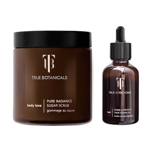 True Botanicals Body Scrub & Hair Cream Oil Bundle - Nourishing Exfoliation, 9.4oz & 1.7oz