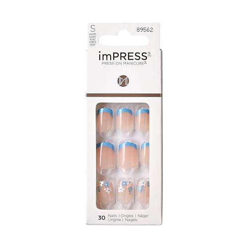 KISS imPRESS No Glue Mani - Long-Lasting Light Blue French Nails, Complete Application Kit - 30 Pcs