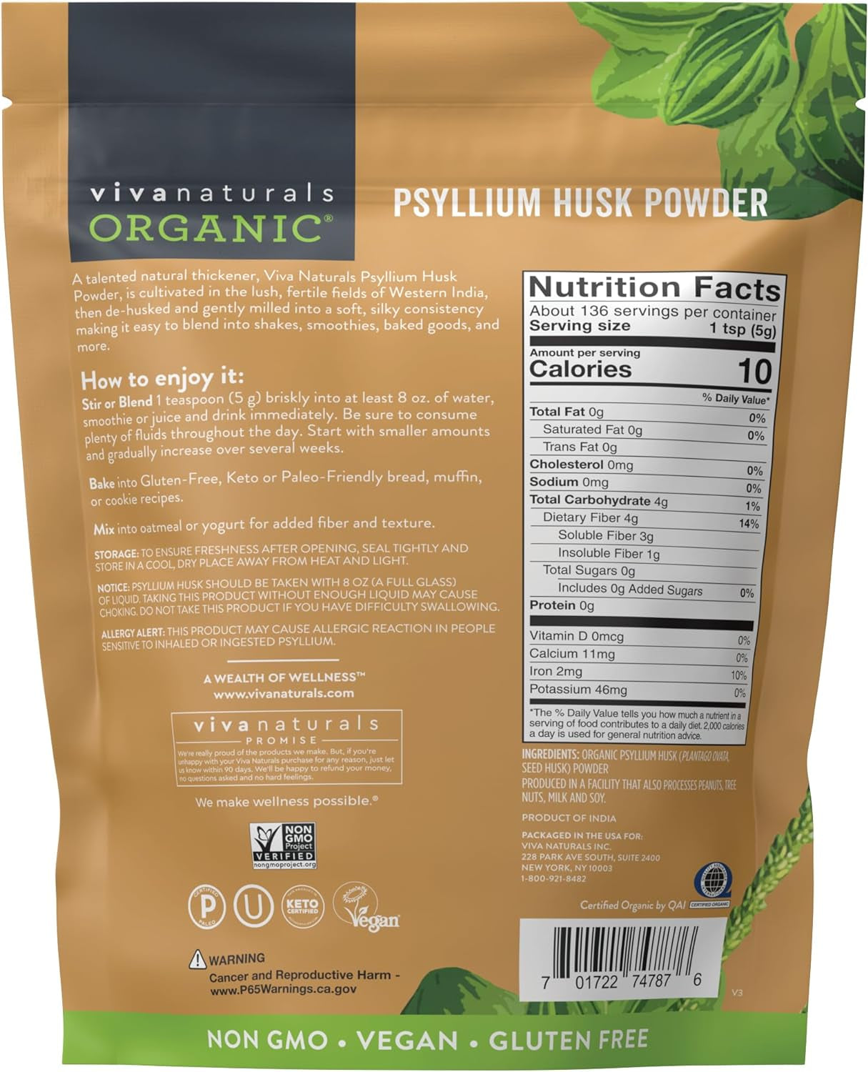 Organic Psyllium Husk Powder, 24 Oz - Finely Ground, Unflavored Plant Based Superfood - Good Source of Fiber for Gluten-Free Baking, Juices & Smoothies - Certified Vegan, Keto and Paleo