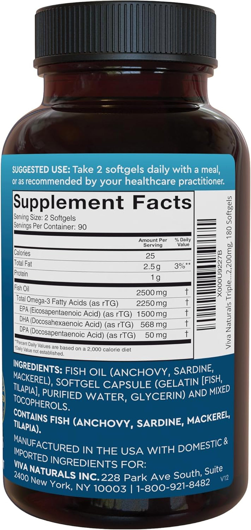 Triple Strength Omega 3 Fish Oil Supplement - 2500 Mg Fish Oil with Re-Esterified Omega 3 Fatty Acids Including EPA, DHA DPA - 180 Pescatarian-Friendly Softgels