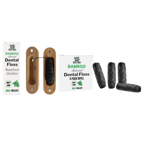 BOONBOO Charcoal Dental Floss - Mint Flavor, PFAS-Free, Bamboo Holder, 100ft Roll, 4 Pack