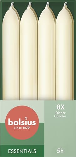 Bolsius Tapered Dinner Candles - Long Burning, Natural Vegan Wax, Drip-Free - Ivory, Pack of 8