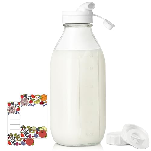 Syntic Glass Milk Bottle - 100% Airtight, BPA-Free, 32oz, Reusable with Scale Mark