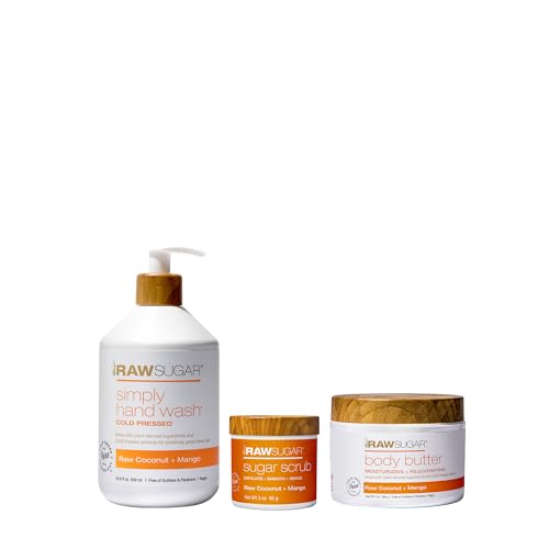 RAW SUGAR Body Care Set - Nourishing Hand Soap, Scrub & Butter for Dry Skin - Mango Scent