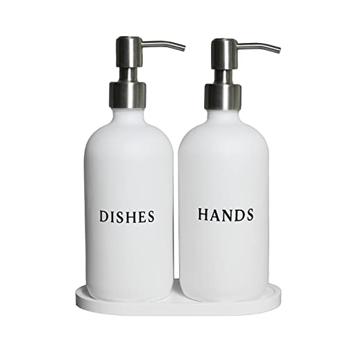 RM Home White Glass Soap Dispenser Set - Durable, Stylish, Reusable - 16 oz with Tray