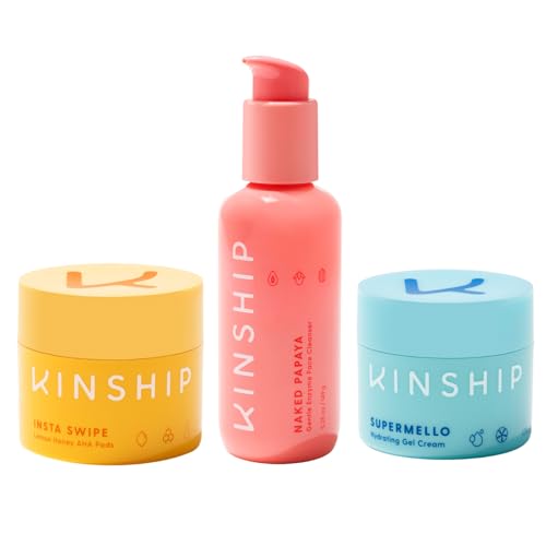 Kinship Skin Care Set - Hydrating Cleanser, Exfoliating Pads, Nourishing Gel Cream - 3 Items