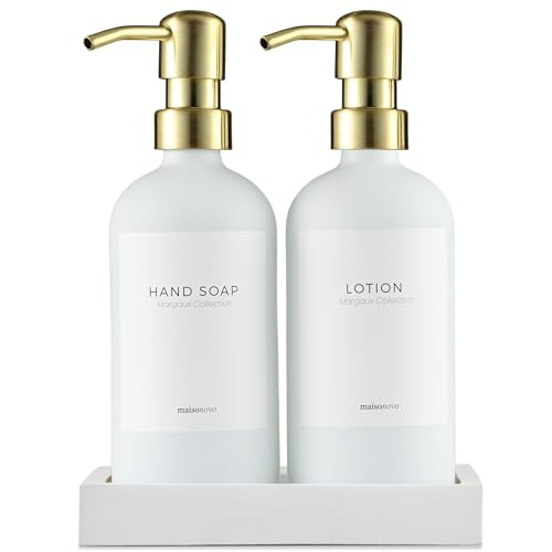 MaisoNovo Soap & Lotion Dispenser Set - Stylish Glass with Gold Pump, Concrete Tray - 16.9oz