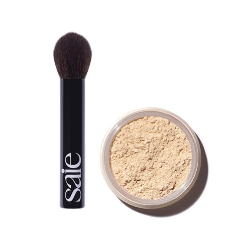 Saie Makeup Brush & Airset Powder Duo - Soft, Multi-Use, Vegan Formula - Translucent 0.14oz