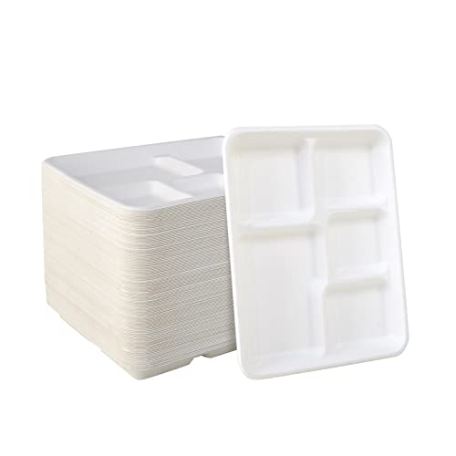 Vplus 5-Compartment Disposable Tray - Biodegradable Sugarcane Fiber, Heavy-Duty, 125 Pack