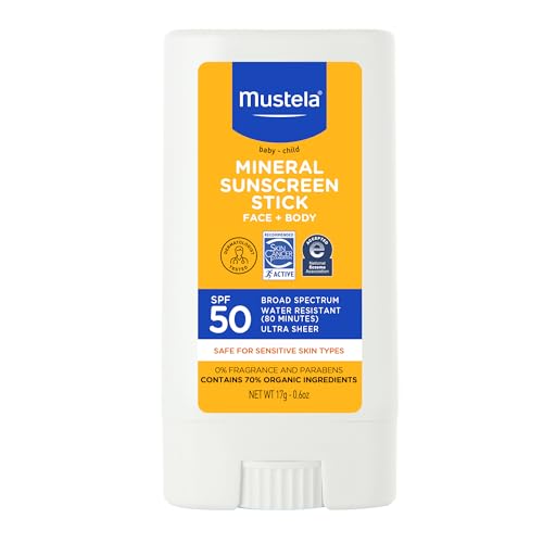 Mustela Baby Mineral Sunscreen Stick SPF 50 - Safe for Sensitive Skin, 70% Organic - 0.6 oz