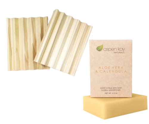 Aloe Vera & Calendula Soap Set - Nourishing Organic Ingredients, Natural Wood Dish - 2 Pack