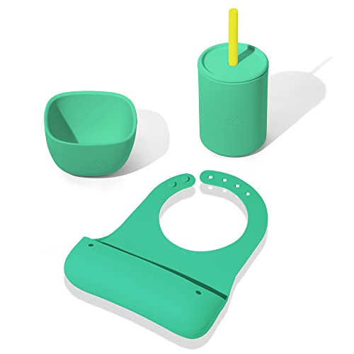 Avanchy Silicone Bib Set - Safe, Adjustable, Supports Baby Led Weaning - Includes Cup & Bowl