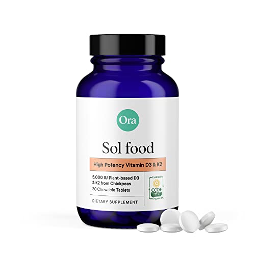 Ora Organic Vitamin D3 5000IU + K2 - Plant-Based Bone & Immune Support - 30 Chewable Tablets