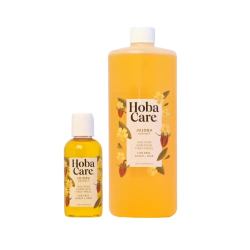 HobaCare Jojoba Oil - Moisturizing for Dry Skin, Natural Hair & Beard Care - 4.22 fl oz + 32 fl oz