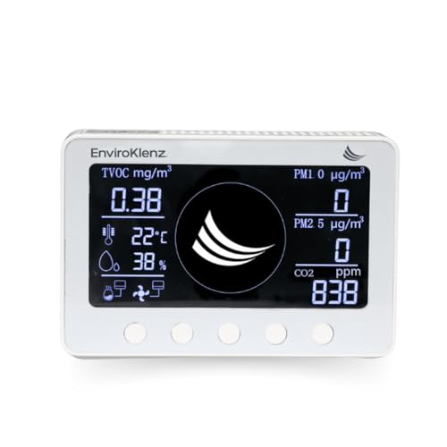 EnviroKlenz Air Quality Monitor - Real-Time Data for CO2, VOCs, Temp & Humidity - 2,500 Sq Ft