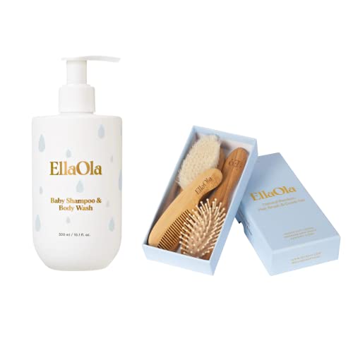 EllaOla Baby Bath Hair Duo - Tear-Free Shampoo & Body Wash, Natural Brush Set - 12oz