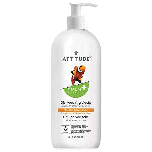 ATTITUDE Dishwashing Liquid - EWG Verified, Vegan, Plant-Based, Citrus Zest - 33.8 Fl Oz