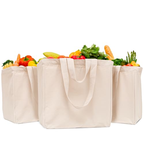 Reusable Canvas Grocery Tote Bags - 100lbs Capacity, Organic Cotton, 6 Pockets - 3 Pack