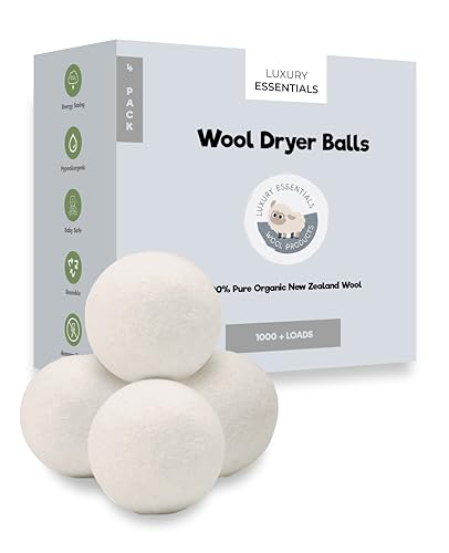 Luxury Essentials Wool Dryer Balls - Natural Softener, Hypoallergenic, 4-Pack for 1000 Loads