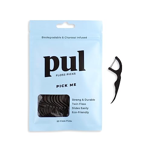 PUL Dental Floss Picks - Shred-Resistant, Charcoal Infused, Minty Fresh - 50 Count
