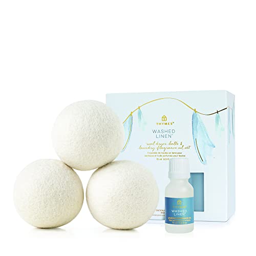 Thymes Wool Dryer Balls Set - Reduces Wrinkles & Static, Includes Washed Linen Fragrance Oil - 4 pcs