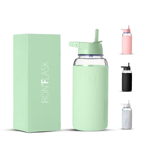 IRON °FLASK Glass Water Bottle - Leak Proof, BPA Free, Durable Borosilicate - Mint, 32 Oz