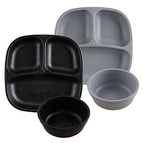 Re-Play 4pk Starter Dining Set - Safe Recycled Plates & Bowls, Durable Design, Black & Grey