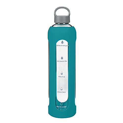 Goodful 32 Oz. Time Marker Water Bottle - Hydration Tracker, Leak Proof, BPA-Free Glass - Teal