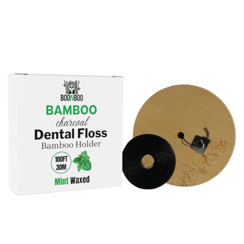 BOONBOO Dental Floss - Mint Flavor, Charcoal Thread, Bamboo Holder, 100ft Roll