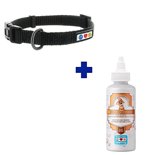 Pawtitas Pet Care Bundle - Adjustable Collar for Small Dogs + 100% Natural Ear Cleaner - Black