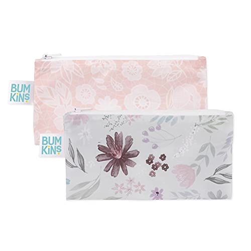 Bumkins Reusable Snack Bags - Waterproof, Washable Fabric, Food-Safe Storage, 2-Pack Floral