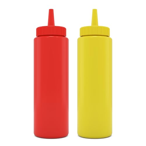 BRIGHTFROM Condiment Squeeze Bottles - BPA-Free, Easy Squeeze, Reusable - 8oz, 2 Pack, Red/Yellow