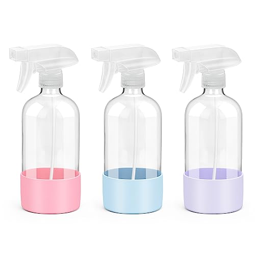 Rionisor Glass Spray Bottles - Adjustable Nozzle, Reusable & BPA-Free, 16oz, 3 Pack Pink/Blue/Purple