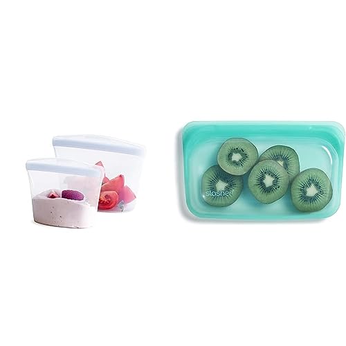 Stasher Silicone Storage Bag & Bowl Set - Leak-Free, BPA-Free, 2 Clear Bowls & Aqua Snack Bag