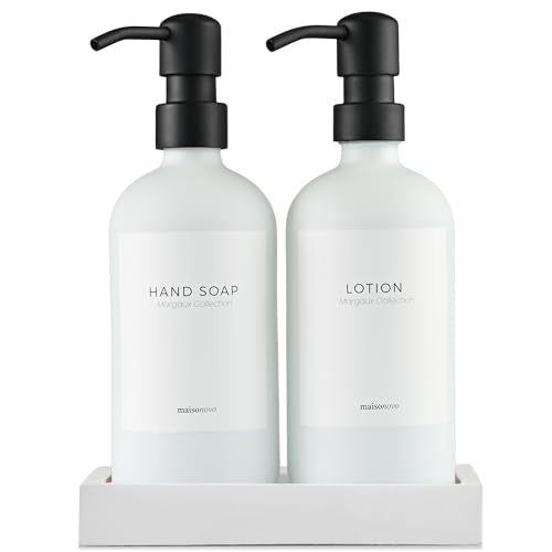 MaisoNovo Soap & Lotion Dispenser Set - Durable Glass & Concrete, Stylish Labels - 16.9 fl oz Each