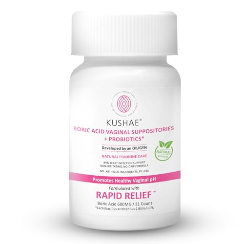 Kushae Boric Acid Suppositories - Rapid Relief, pH Balance with Probiotics & Aloe Vera - 15ct