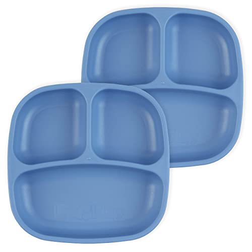 Re-Play Divided Kids Plates - Durable, 3 Compartment Design, Dishwasher Safe - Set of 2, Denim