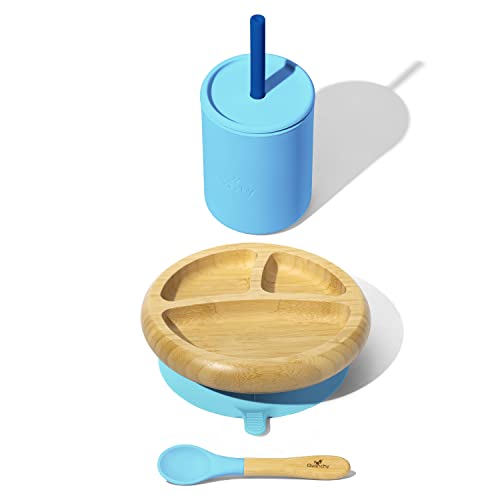 Avanchy Bamboo Baby Feeding Set - Safe, Portion-Control Suction Plate & Straw Cup - 8oz