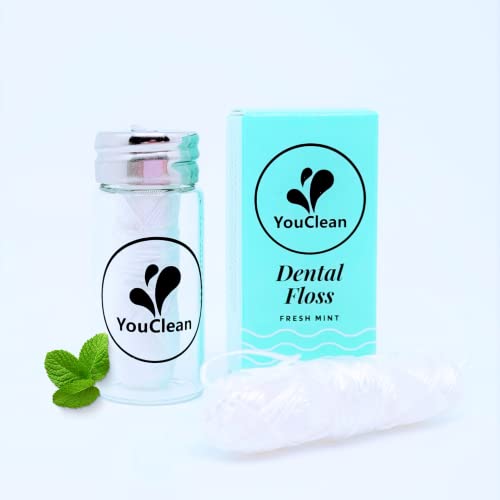 YouClean Vegan Dental Floss - Natural Peppermint, Chemical-Free, Refillable Glass Jar - 38 Yards